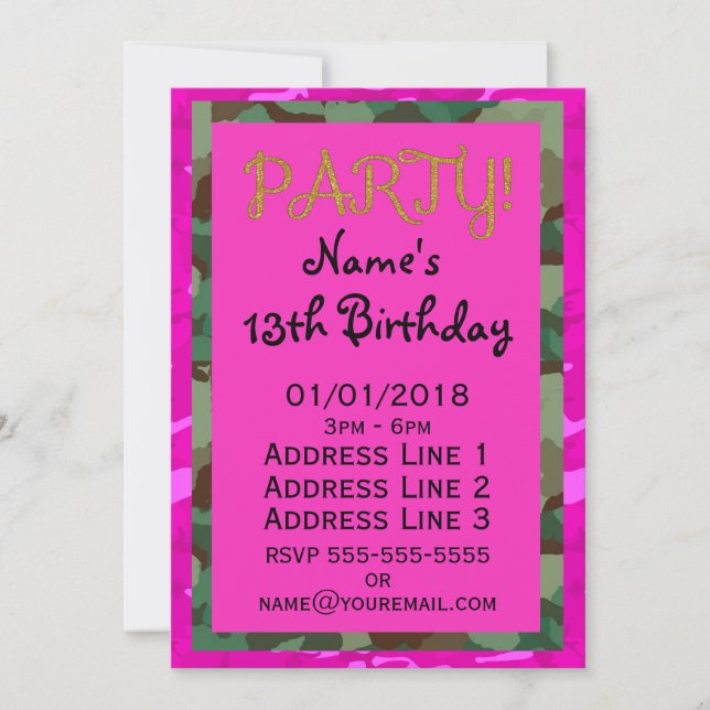 Personalise - Pink Camo Invitation (Front)