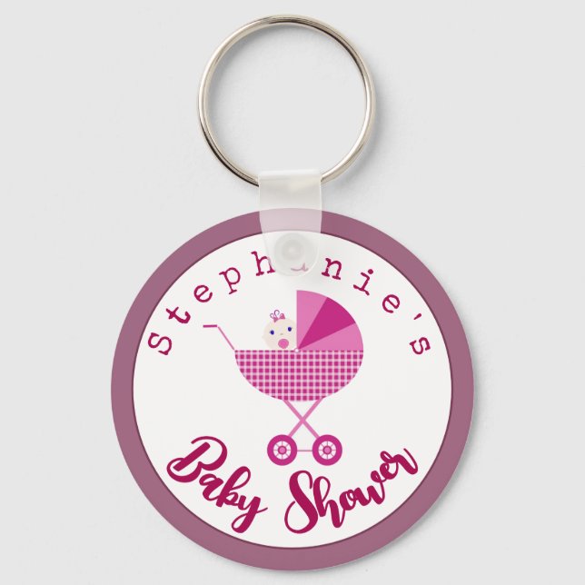 Personalise Pink Carriage Baby Shower Favour Key Ring (Front)