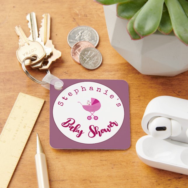 Personalise Pink Carriage Baby Shower Favour Key Ring (Desk)