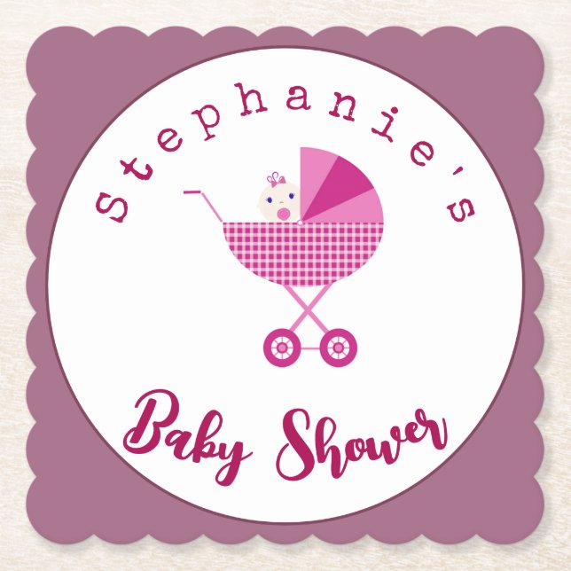 Personalise Pink Carriage Baby Shower   Paper Coaster (Front)