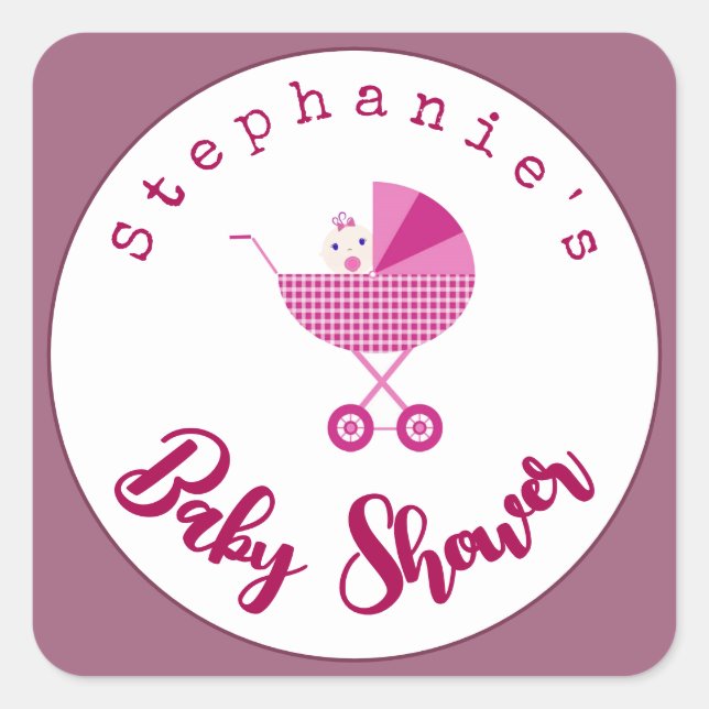 Personalise Pink Carriage Baby Shower   Square Sticker (Front)