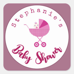 Personalise Pink Carriage Baby Shower   Square Sticker