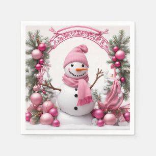 Personalise: Pink Christmas Snowman Napkin