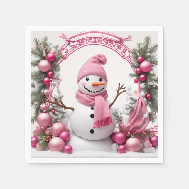 Personalise: Pink Christmas Snowman Napkin (Front)