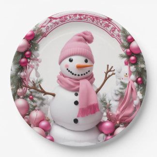 Personalise: Pink Christmas Snowman Paper Plate
