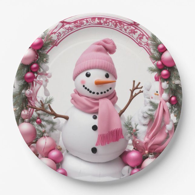Personalise: Pink Christmas Snowman Paper Plate (Front)