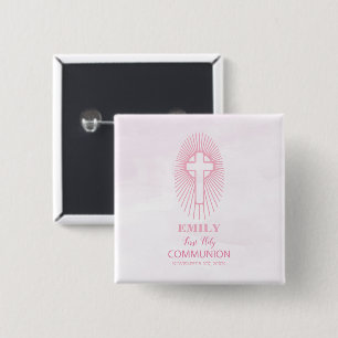 Personalise, Pink First Holy Communion Cross Host 15 Cm Square Badge