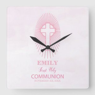 Personalise, Pink First Holy Communion Cross Host Square Wall Clock