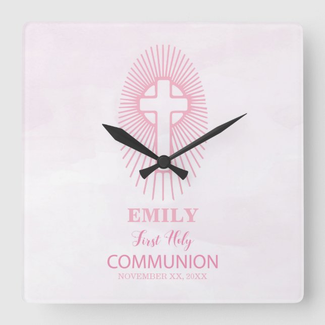 Personalise, Pink First Holy Communion Cross Host Square Wall Clock (Front)