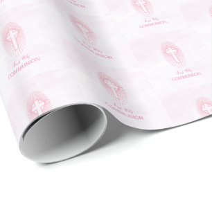 Personalise, Pink First Holy Communion Cross Host Wrapping Paper