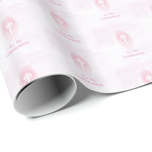 Personalise, Pink First Holy Communion Cross Host Wrapping Paper (Roll Corner)