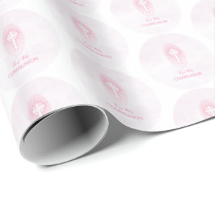 Personalise, Pink First Holy Communion Cross Host Wrapping Paper