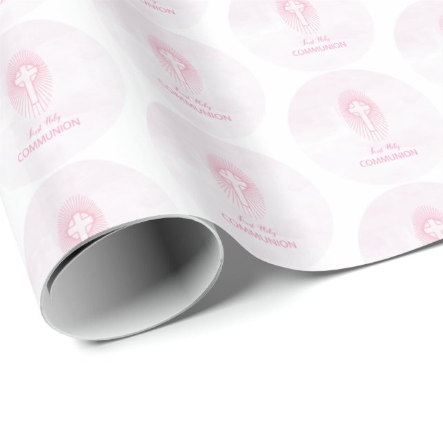 Personalise, Pink First Holy Communion Cross Host Wrapping Paper (Roll Corner)