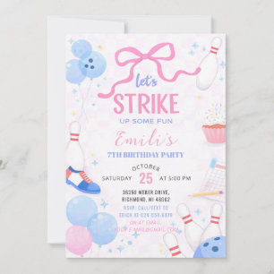 Personalise Pink Girl bowling Birthday party  Invitation