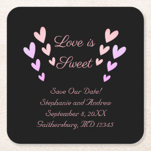 Personalise Pink Heart Love Is Sweet Save The Date Square Paper Coaster