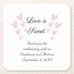 Personalise Pink Heart Love Is Sweet Wedding  Square Paper Coaster