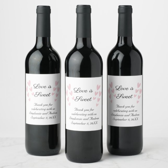 Personalise Pink Heart Love Is Sweet Wedding  Wine Label (Bottles)