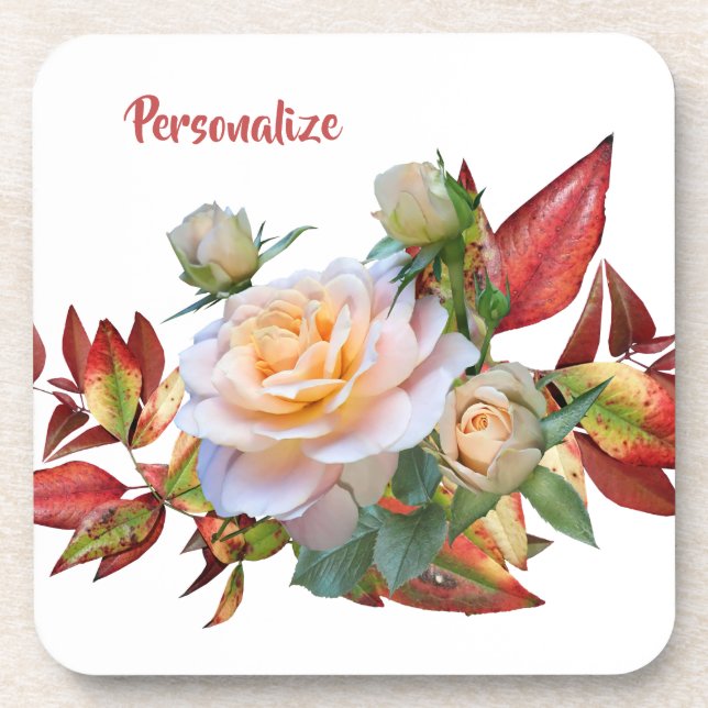 Personalise Pink Rose Autumn Red Leaves Coaster (Front)