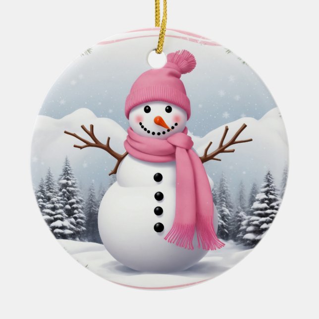 Personalise: Pink Scarf Xmas Snowman Ceramic Tree Decoration (Front)