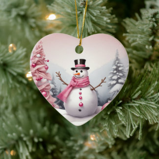 Personalise: Pink Theme Christmas Tree & Snowman Ceramic Tree Decoration