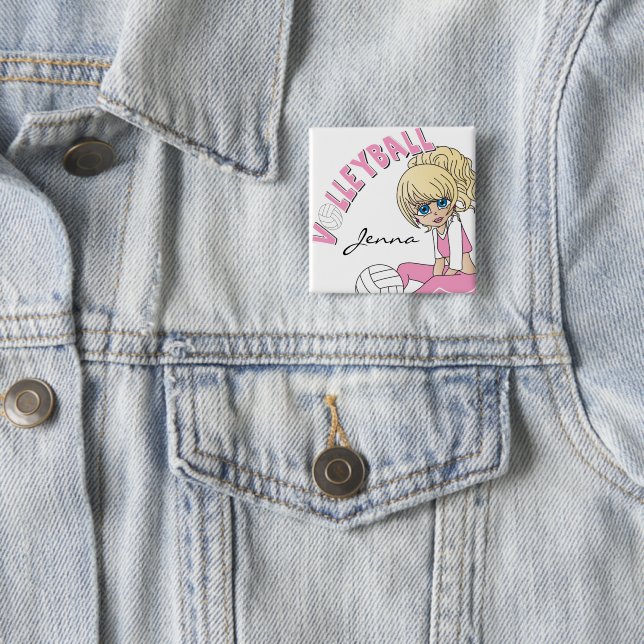 Personalise Pink Volleyball Cute Girl 15 Cm Square Badge (In Situ)