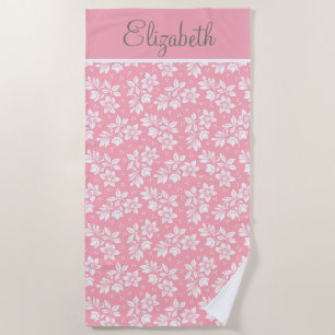 Personalise Pink White Grey Floral Beach Towel