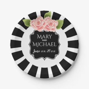 Personalise plate black & white stripes pink flora