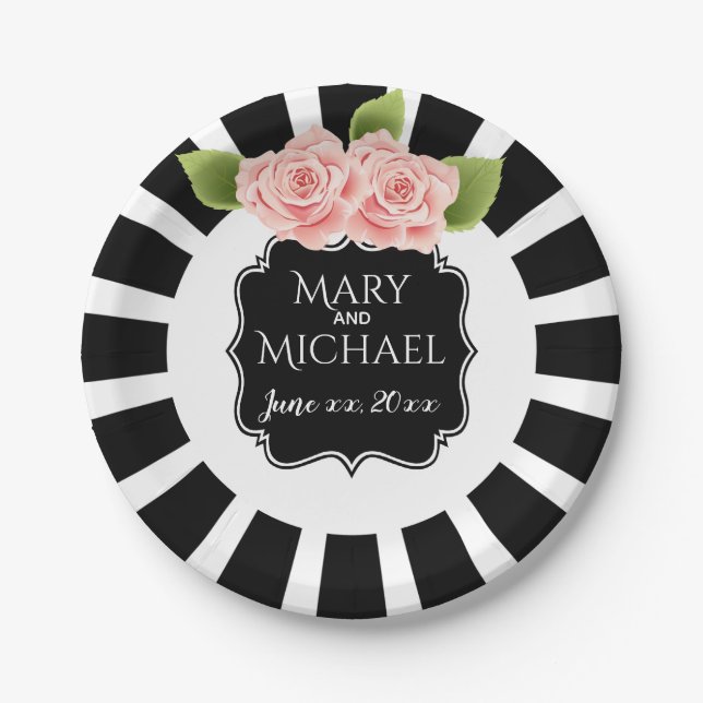 Personalise plate black & white stripes pink flora (Front)
