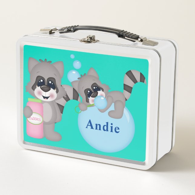 Personalise Playful Raccoons  Metal Lunch Box (Front)