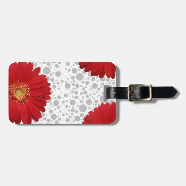 Personalise Polka Dot Red Daisy Luggage Tag (Front Horizontal)