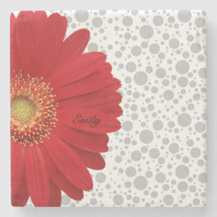 Personalise Polka Dot Red Daisy Stone Coaster