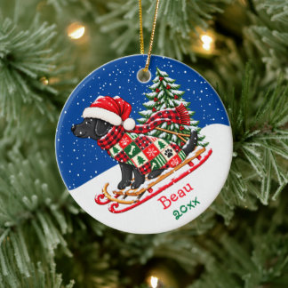 Personalise Preppy Black Lab Christmas Tree Sled Ceramic Tree Decoration