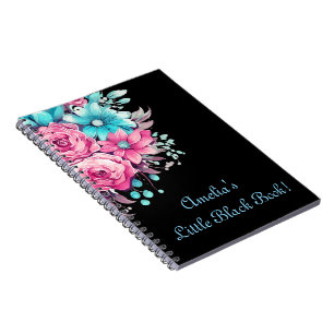 Personalise Pretty Pink & Teal Floral Black  Notebook