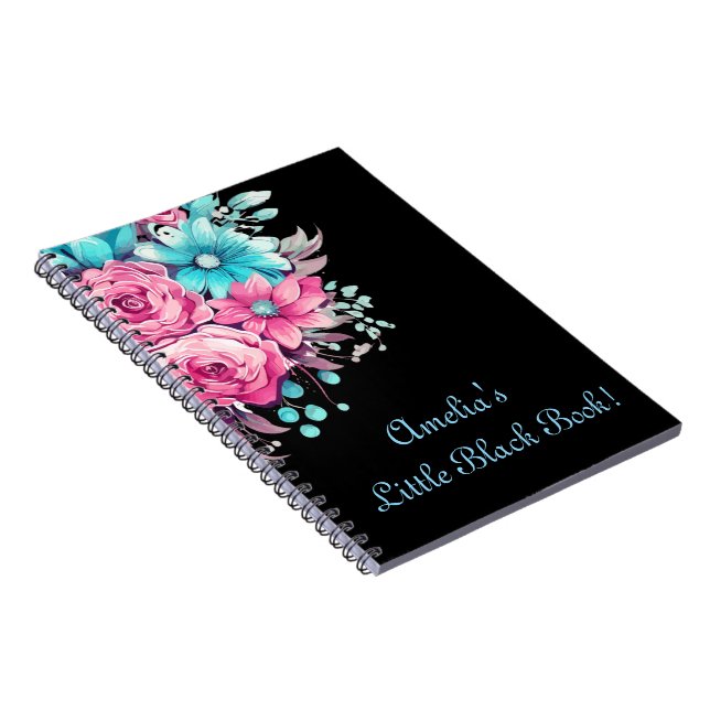 Personalise Pretty Pink & Teal Floral Black  Notebook (Right Side)