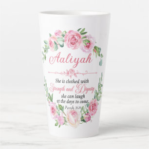 Personalise Prov 31:25 Mother's Day Pink Rose Latte Mug