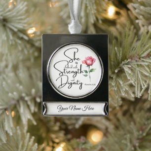 Personalise Proverbs 31:25 She is clothed Flower Silver Plated Banner Ornament