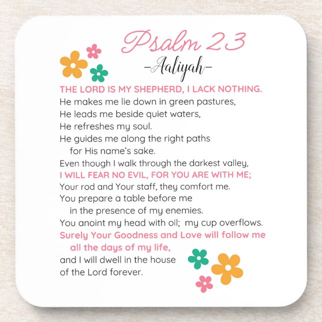 Personalise Psalm 23-NIV Bible Scripture Flowers Coaster (Front)