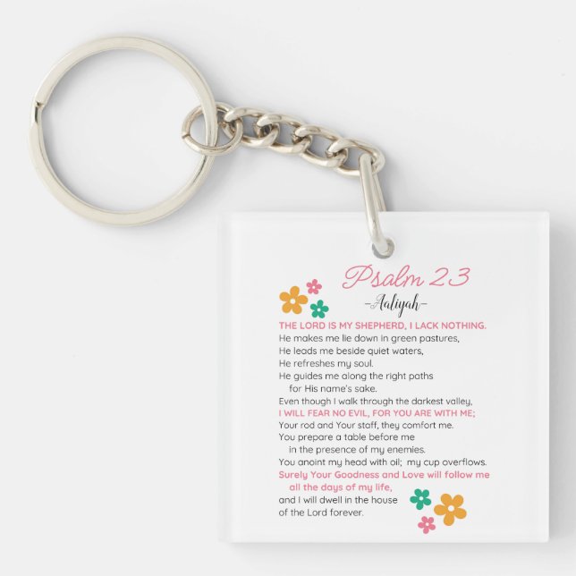 Personalise Psalm 23-NIV Bible Scripture Flowers Key Ring (Front)