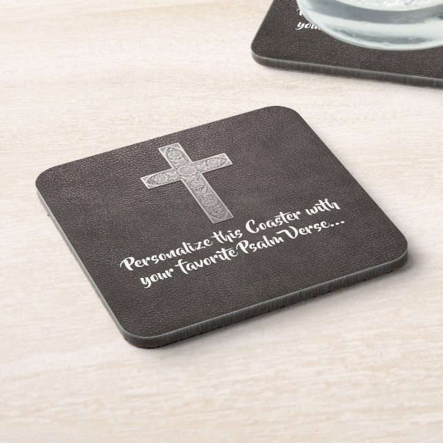 Personalise Psalm Text Metal Cross On Dark Leather Coaster (Left Side)