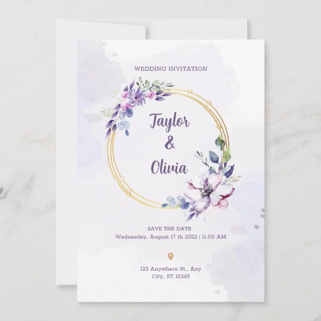 Personalise Purple and White Minimalist Wedding Invitation (Front)