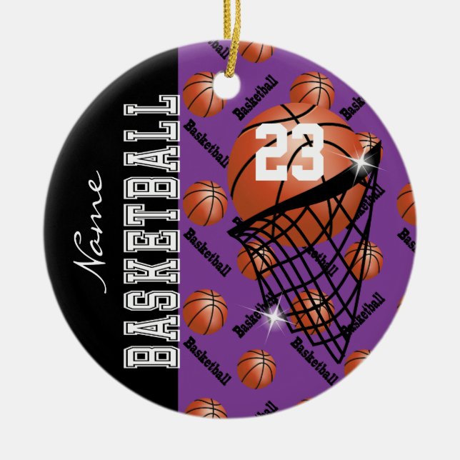 Personalise Purple Basketball Ceramic Tree Decoration (Front)
