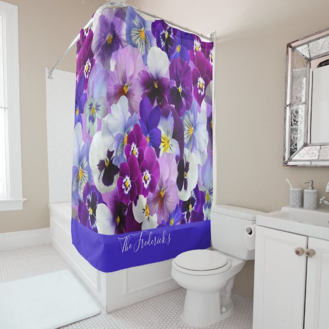 Personalise Purple Blue White Floral Pansy Flowers Shower Curtain (In Situ)