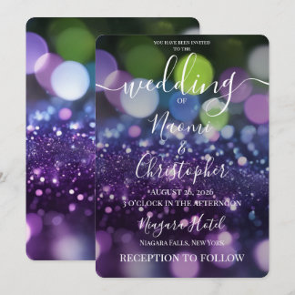 Personalise: Purple Green Bokeh Wedding Invitation