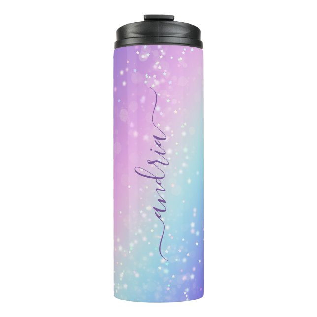 Personalise Purple Script Name on Bokeh Stars Thermal Tumbler (Front)