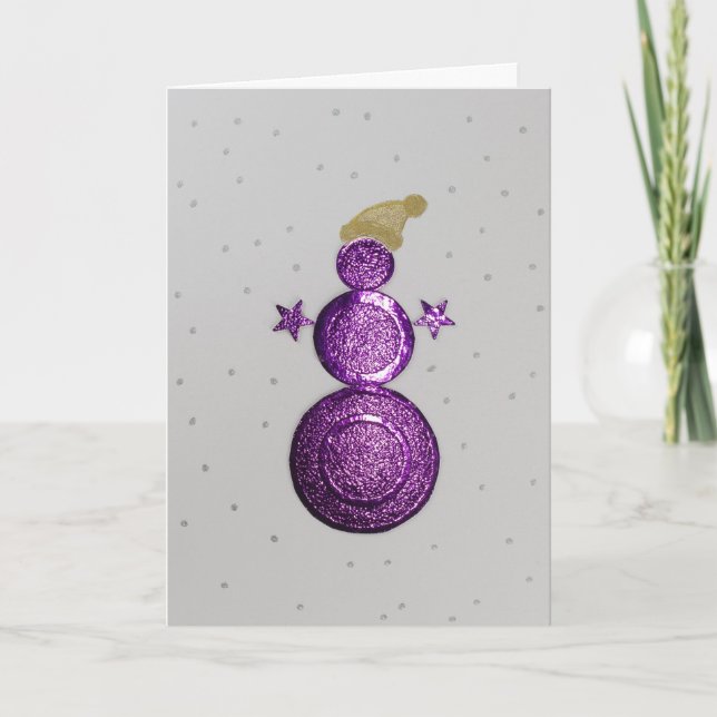 Personalise Purple snowman and silver stars Holiday Card (Front)