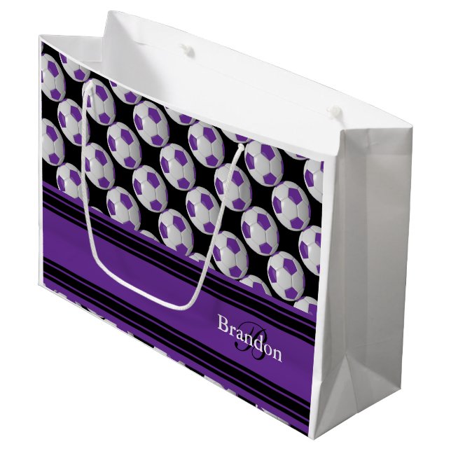 Personalise Purple Soccer Balls Large Gift Bag (Front Angled)