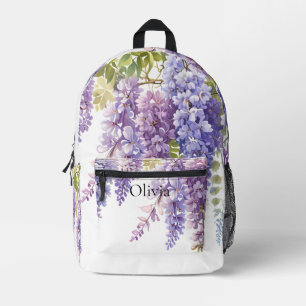 Personalise purple watercolor wisteria floral  printed backpack