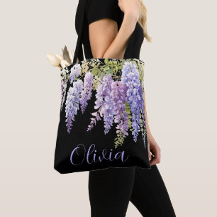 Personalise purple watercolor wisteria floral to tote bag