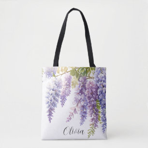 Personalise purple watercolor wisteria floral tote bag
