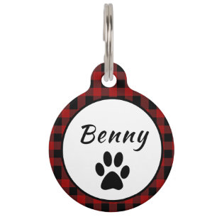 Personalise Red and Black Buffalo Plaid Pet Tag